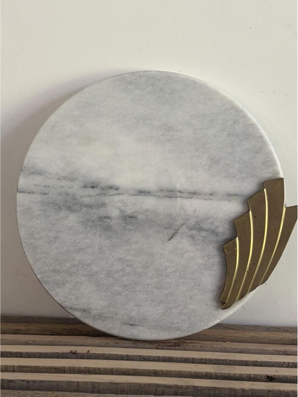 White Marble Serving  With Brass Fan Accent - Round 12" MCM Hollywood Thailand